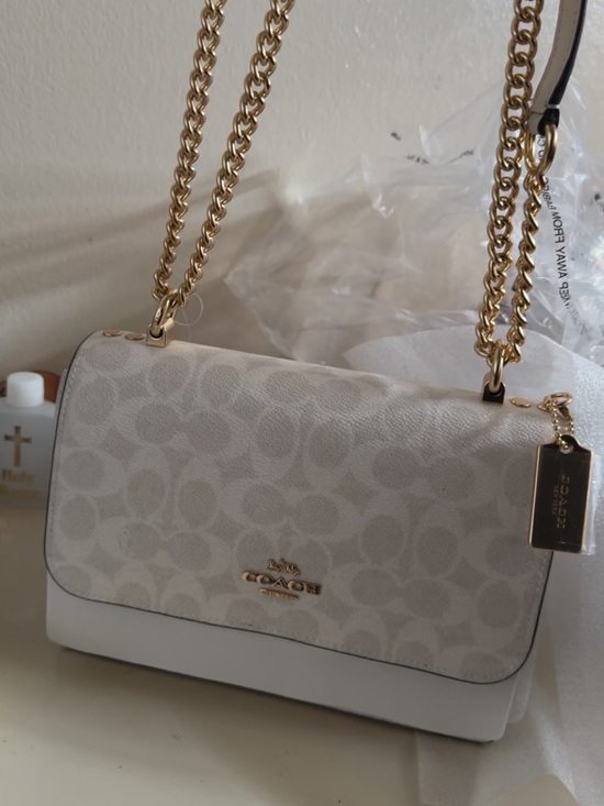 Coach Handbags - Coach Signature Canvas Shoulder Bag in Light Beige and White with Gold Chain